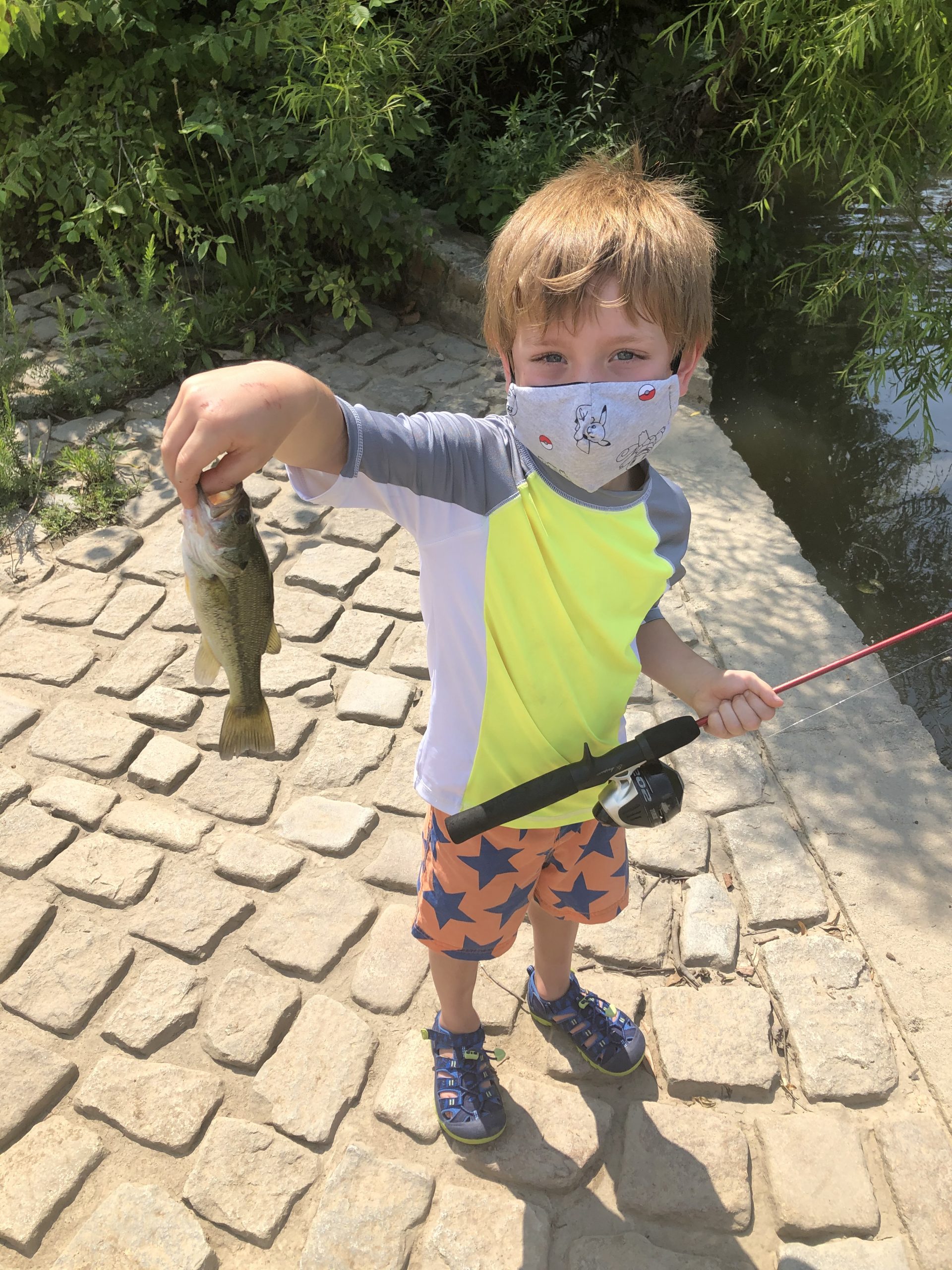 Kid with Fishing Rod. Child Learning How To Fish, Holding a Rod on